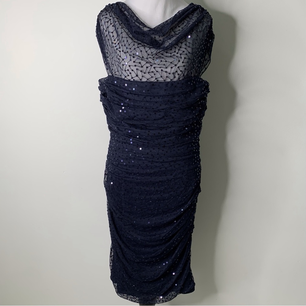 T by Tadashi Women's Sequins Sheer Cocktail Sleeveless Blue Dress Size XL